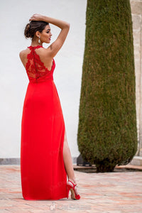 Red A-line Sleeveless Front Split Lace Long Satin Formal Prom Dresses