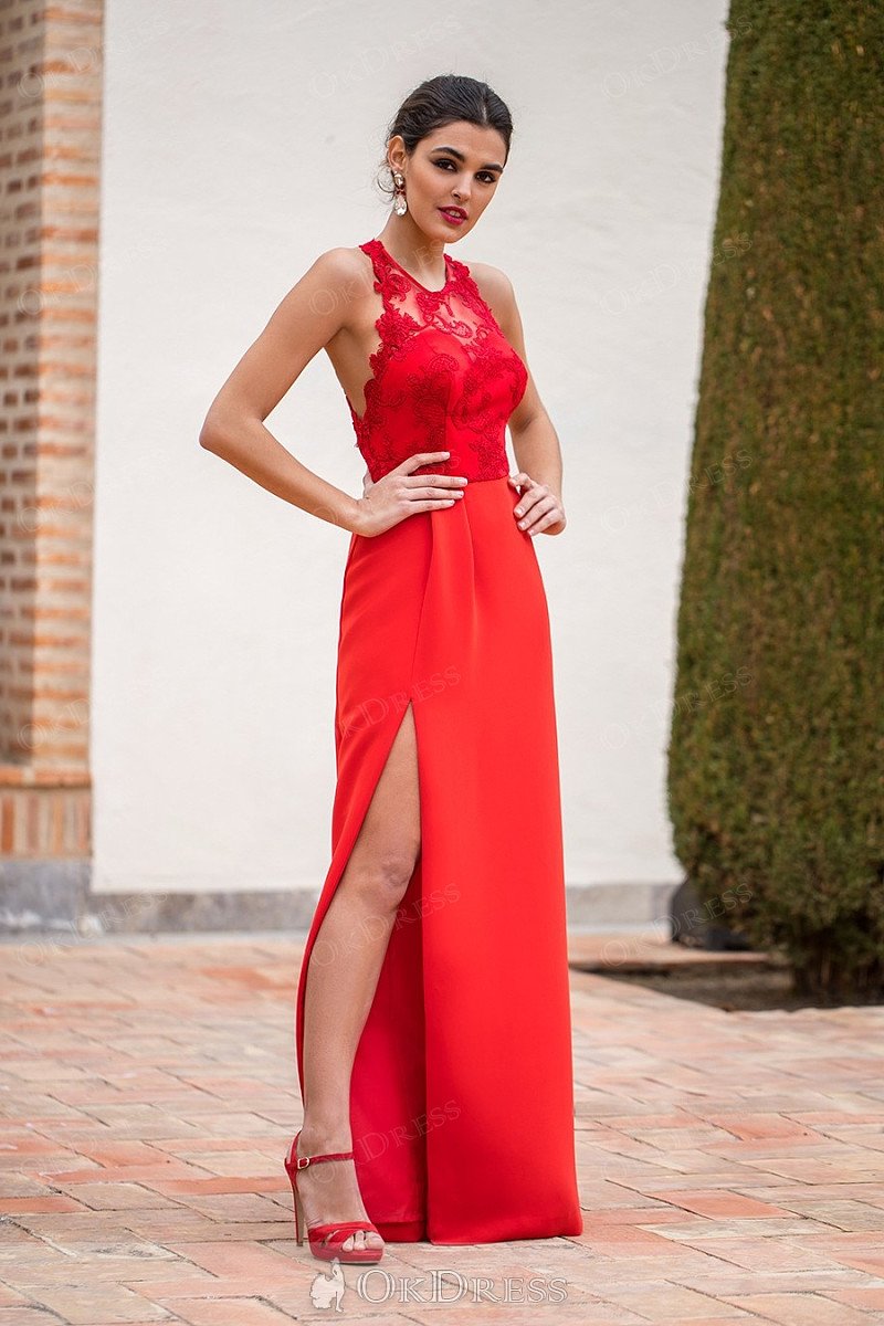 Red A-line Sleeveless Front Split Lace Long Satin Formal Prom Dresses