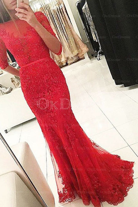 Red Incomparable 1/2 Sleeves Trumpet/Mermaid Sweep Train Evening Dresses