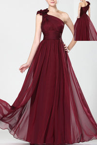 A-Line Sleeveless One-shoulder Burgundy Maxi Formal Dresses