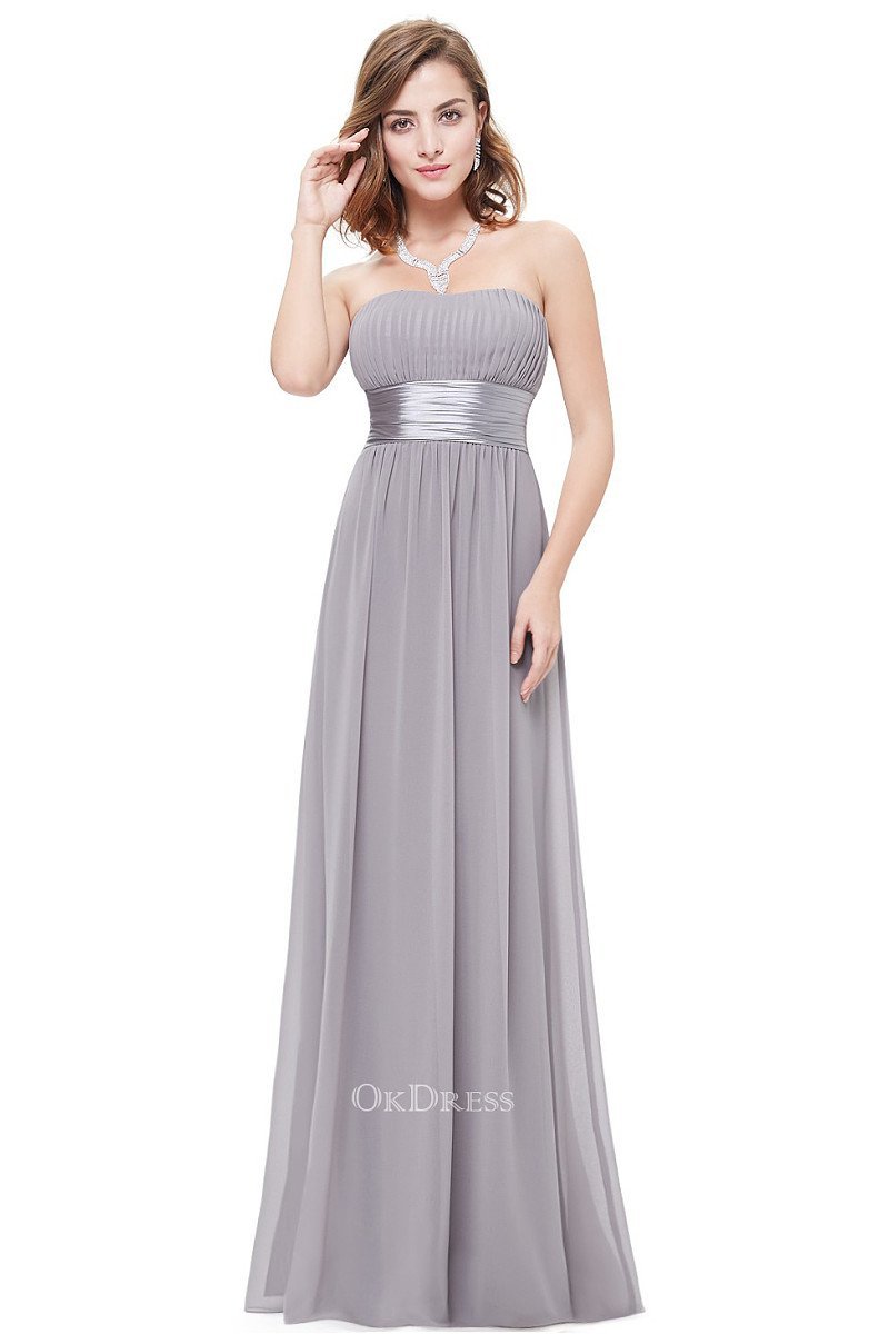 Silver Chiffon A-line Strapless Long Prom/Bridesmaid Dresses