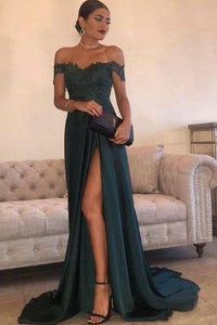 Sexy Leg Slit Long Prom Dresses Lace Off-the-Shoulder Evening Gowns