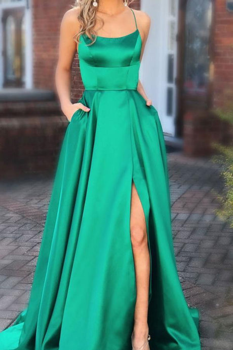 Backless Slit Long Prom Dresses with Pocket