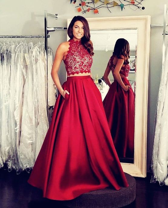 Ball Gown Sleeveless Criss-cross Beading Long Red Satin Prom Dresses