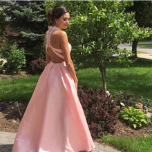 Ball Gown Sleeveless Criss-cross Beading Long Pink Satin Prom Dresses