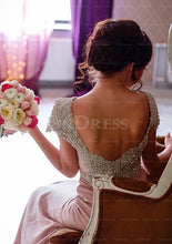 Awesome Appliqued Short Sleeve Court Train Natural Bridesmaid Dresses