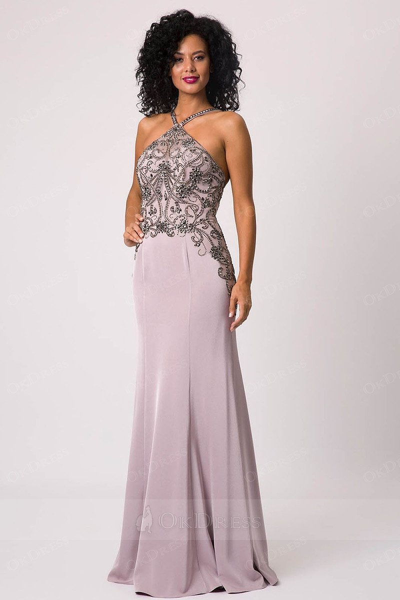 Unique Embroidered Halter Long Evening Dresses