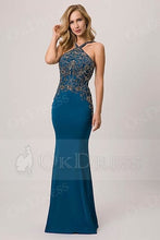 Unique Embroidered Halter Long Ink Blue Evening Dresses