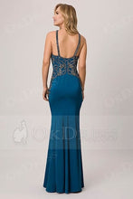 Unique Embroidered Halter Long Ink Blue Evening Dresses