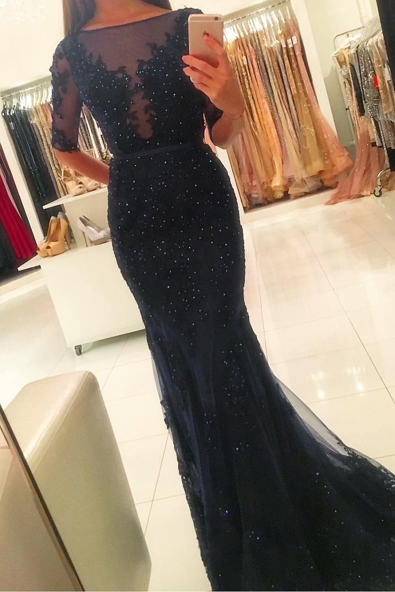 Dark Navy Incomparable 1/2 Sleeves Trumpet/Mermaid Sweep Train Evening Dresses