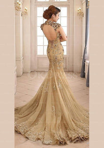 Admirable High-neck Natural Court Train Prom Dresses