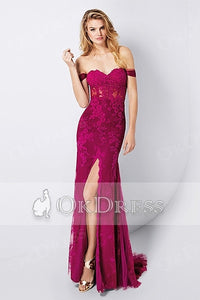 Sexy Trumpet/ Mermaid Off-the-shoulder Split Long Lace Applique Formal Prom Dresses