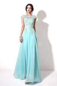 Fashion Lace Applique Beading Cap Sleeves Lace-up Long Chiffon Prom Dresses