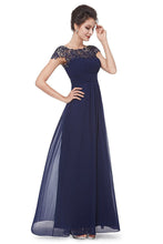 Dark Navy Elegant Cap Sleeves Long Chiffon Formal Dress