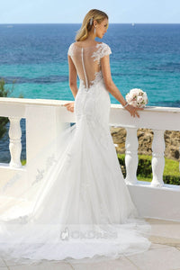 Cap Sleeves Illusion V-Neck Lace Mermaid Wedding Dresses