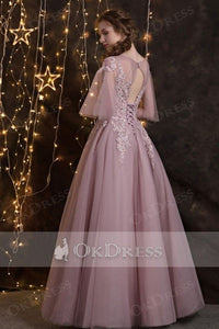 A-line 1/2 Sleeves Lace Applique Long Formal Prom Dresses