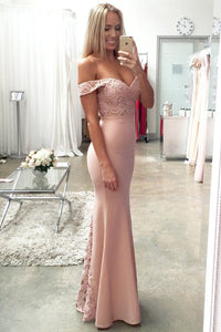 Off The Shoulder Floor-length Satin Lace Zipper Prom Dresses