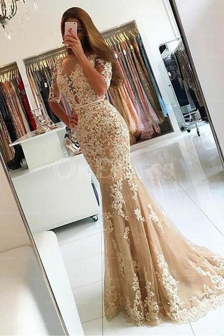 Champagne Incomparable 1/2 Sleeves Trumpet/Mermaid Sweep Train Evening Dresses