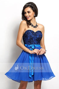 Strapless Sweetheart A-line Lace Top Chiffon Short Prom Bridesmaid Dresses
