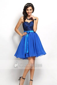 Strapless Sweetheart A-line Lace Top Chiffon Short Prom Bridesmaid Dresses