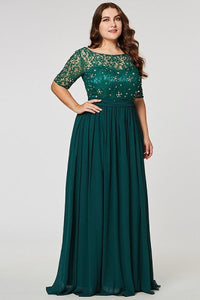 Green Lace Bodice Chiffon Plus Size Prom Dresses 1/2 Sleeves