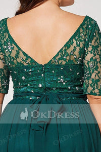 Green Lace Bodice Chiffon Plus Size Prom Dresses 1/2 Sleeves
