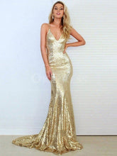 Gold Sparkly Sequined Sleeveless Sweep Train Trumpet/Mermaid Prom Dresses