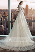 A-line 3/4 Sleeves Illusin Neckline Long Bridal Wedding Dresses