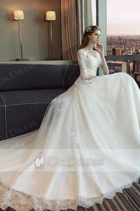 A-line 3/4 Sleeves Illusin Neckline Long Bridal Wedding Dresses