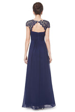 Dark Navy Elegant Cap Sleeves Long Chiffon Formal Dress