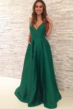 V-neck Satin Sweep Train Pockets Prom Dresses