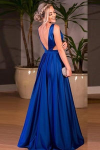 A-line V-neck Royal Blue Satin Prom Dresses