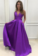 A-line V-neck Satin Prom Dresses