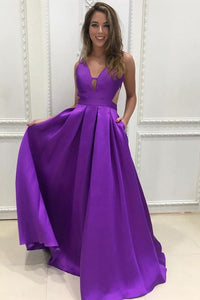 A-line V-neck Satin Prom Dresses