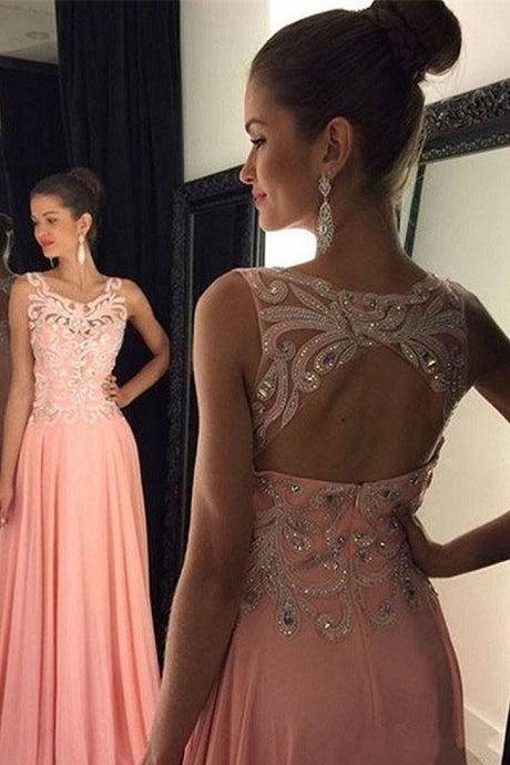 Pink Sleeveless A-line Lace Beading Long Chiffon Prom Dresses