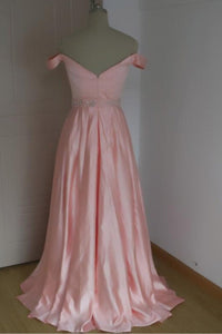 Off-the-shoulder Beading Long Satin Pink Evening Ball Gown Prom Dresses