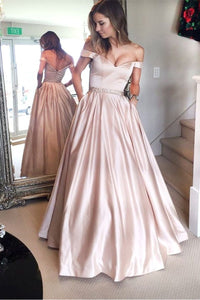 Off-the-shoulder Beading Long Satin Evening Ball Gown Prom Dresses