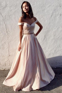 Off-the-shoulder Beading Long Satin Evening Ball Gown Prom Dresses