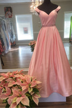 Off-the-shoulder Beading Long Satin Pink Evening Ball Gown Prom Dresses