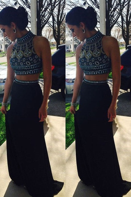 Two-Piece High Neck Sweep Train A-line Long Prom Dresses