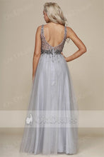 A-line/Princess Deep V-neck Beading Long Formal Prom Dresses