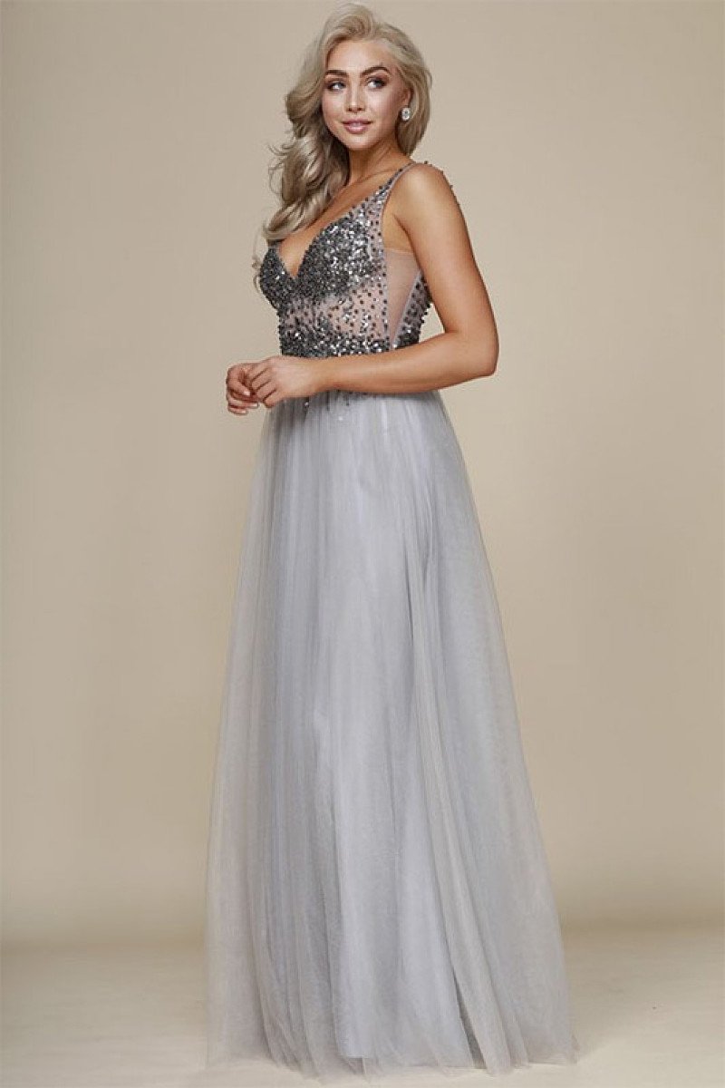 A-line/Princess Deep V-neck Beading Long Formal Prom Dresses