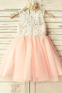 A-Line Round Neck Short Cute Tulle Flower Girl Dress with Lace