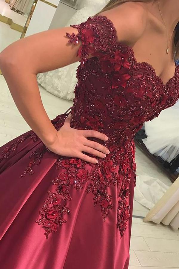 Ball Gown Off-the-Shoulder With Applique Satin Floor-Length Prom Dresses