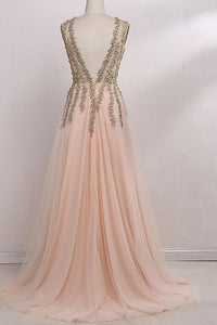 A-Line V-Neck Sleeveless Floor-Length With Beading Tulle Prom Dresses