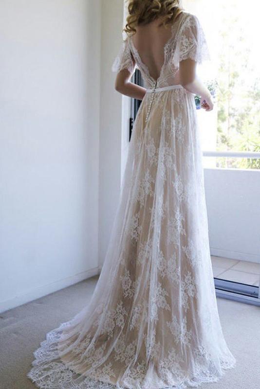 A-Line Lace V-Neck Short Sleeves Wedding Dresses Okeydress A-Line Lace V-Neck Short Sleeves Wedding Dresses Okeydress