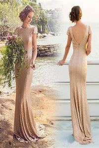 Shinning Cap Sleeve Sequin Small Round Neck Long Bridesmaid Dresses