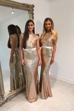 Sexy Sequined Long Evening Dresses with A White Sash