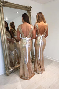 Sexy Sequined Long Evening Dresses with A White Sash