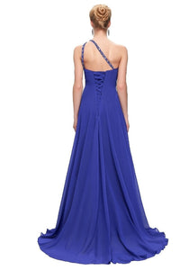 Blue A-line One-shoulder Beading Lacp-up Long Chiffon Prom Evening Dresses